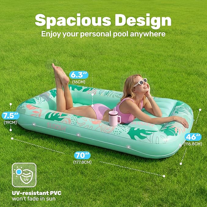 SLOOSH Inflatable Tanning Pool Lounger Float, 70" x 46" Pool Floats Adult with Pillow, 4 in 1 Suntan Tub Raft Floatie,Sunbathing Bed Lounge for Water Blow Up Ball Pit Party Gifts, L-Aqua Blue