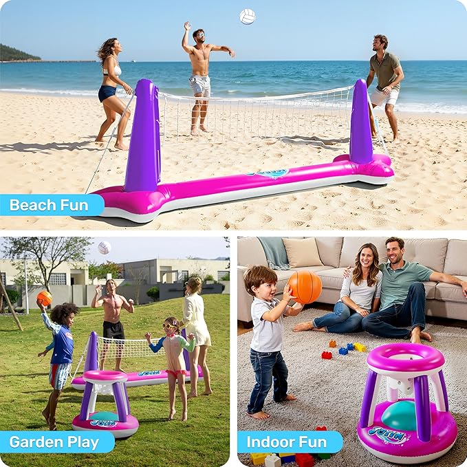 JOYIN Inflatable Pool Float Set Volleyball Net & Basketball Hoops, Floating Swimming Game Toy Floaties for Kids and Adults Volleyball Court (105”x28”x35”)|Basketball (27”x23”x27”),L-Pink Purple