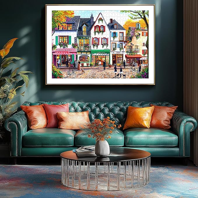 European Street Scene 1000 Piece Jigsaw Puzzle for Adults Seniors Colorful Buildings Autumn Tree Jigsaw Puzzle with Letters on Back Framable Puzzles for Perfect Family Game Night(27.6"x19.7")