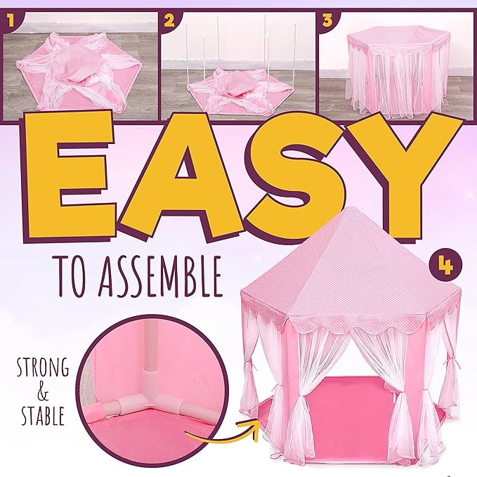 Orian Princess Tent for Kids, Toddler & Kids Pink Play Tent Indoor & Outdoor Princess Castle Fort for Girls and Toddlers Ages 2-7, 55”x53”, LED Star Lights, Children’s Toys and Gifts for Girls