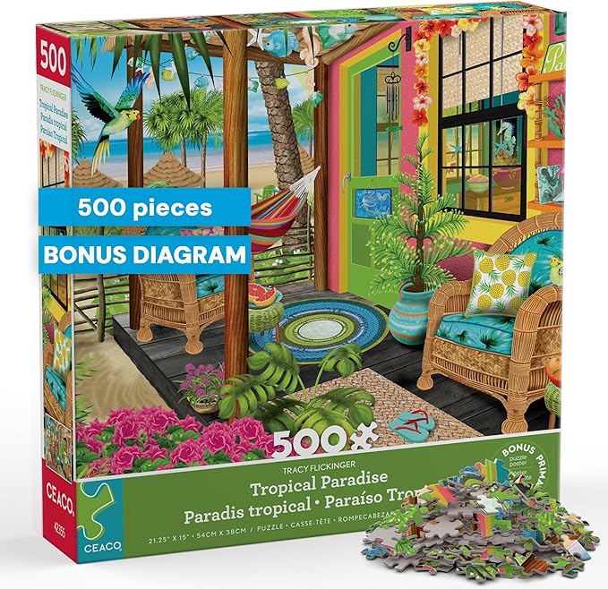 Ceaco – Tropical Paradise – Tracy Flickinger – 500 Piece Jigsaw Puzzle for Adults – Colorful Coastal Porch Scene with Bonus Poster