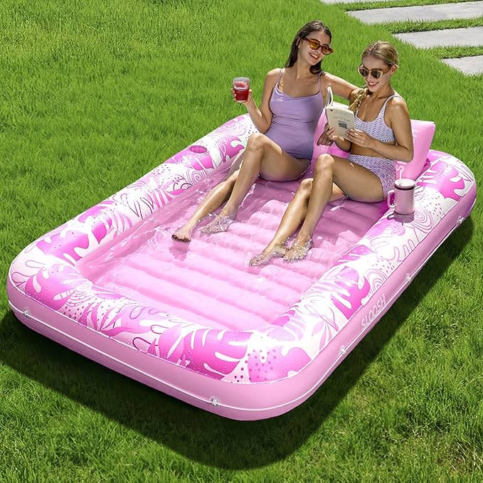 SLOOSH Inflatable Tanning Pool Lounger Float, 85" x 57" Extra Large Pool Floats Adult with Pillow, 4 in 1 Suntan Tub Raft Floatie,Sunbathing Bed Lounge for Water Blow Up Ball Pit, XL-Blushing Pink