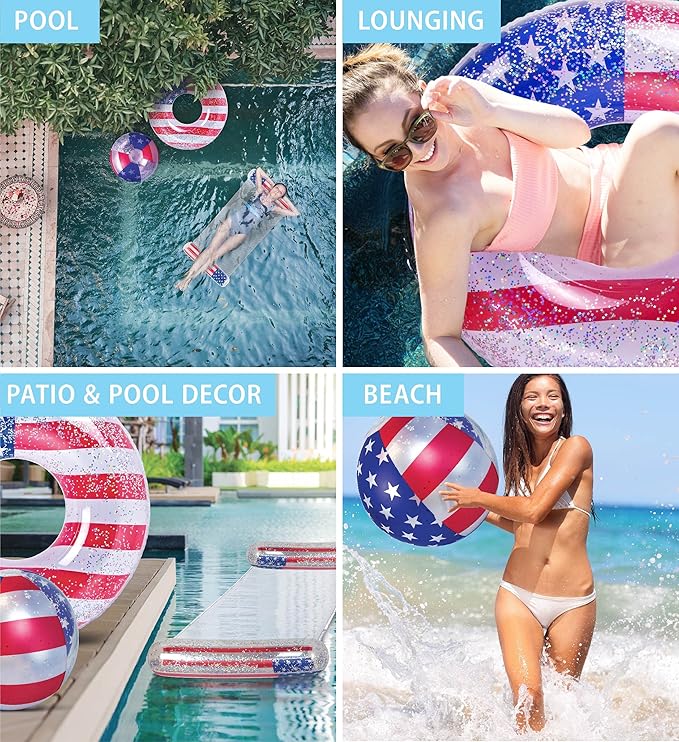 POZA Inflatable USA Pool Float - Luxurious Fun Lounger Filled with Sparkle Silver Stars Confetti, Cool USA Flag Design Water Swimming Pool Floaties for Beach, Lake & Pool