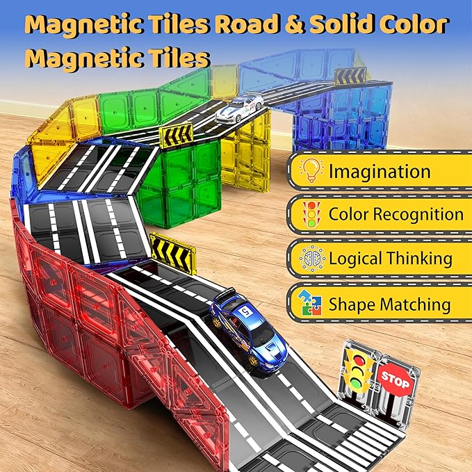 Magnetic Tiles - Road Set, Magnetic Building Blocks, Preschool Montessori Toys Gift for 3+ Year Old Boys and Girls, Sensory Christmas Toys for Kids Aged 3-5 and 4-8, Ideas for Toddler with Autism