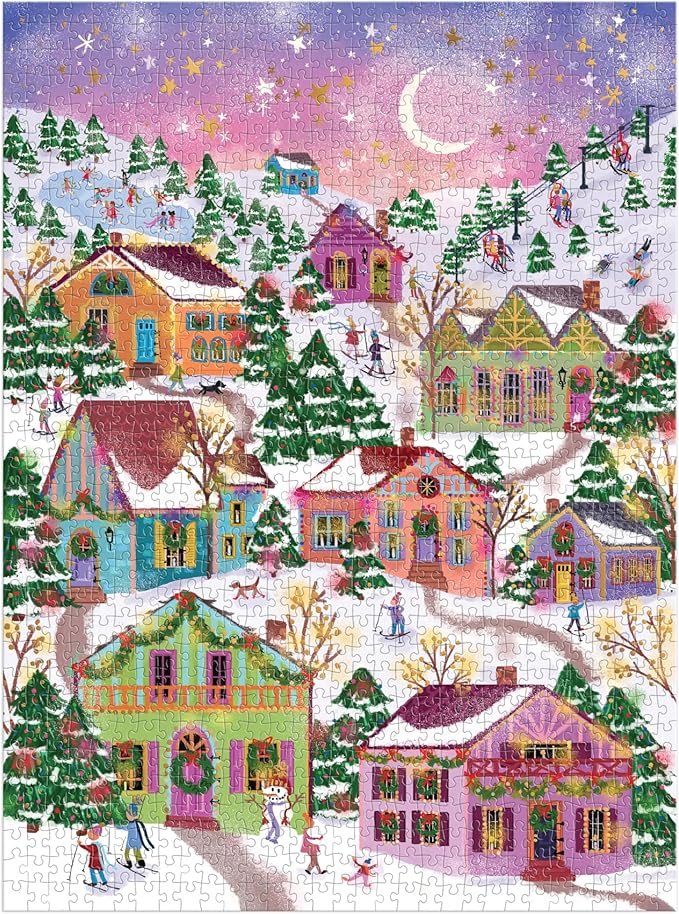 Galison Snowcap Village – 1000 Piece Foil Joy Laforme Jigsaw Puzzle Featuring Beautiful Artwork of Snowcapped Village During Christmas