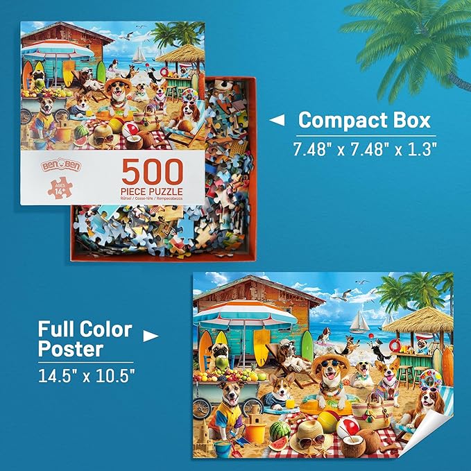 BenBen Puzzles for Adults 500 Pieces, Dogs on Vacation, Dog Jigsaw Puzzle with Patterns on Back, Funny Animal Puzzle, Challenging Puzzles for Family Game Night, Home Décor