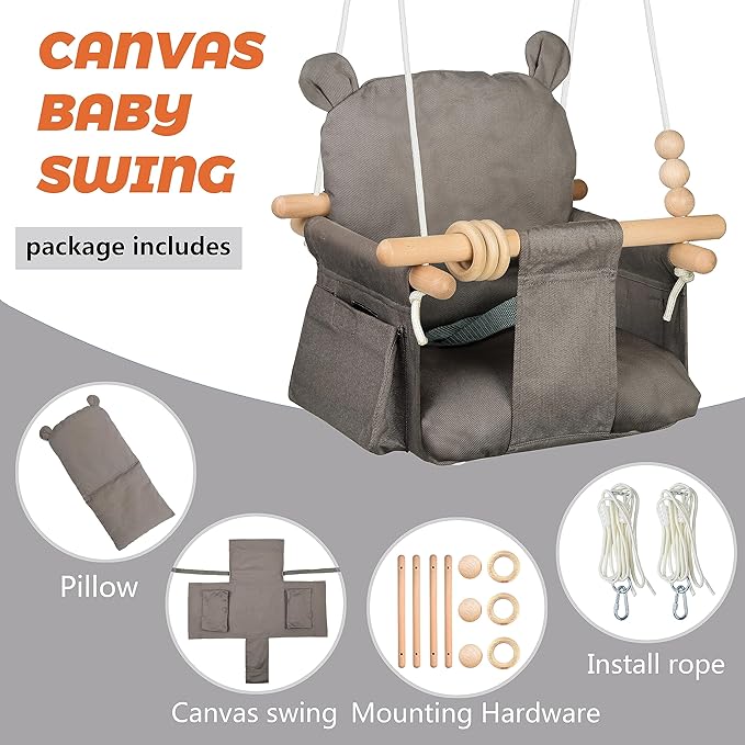 Baby Hanging Swing Seat Toy Chair Canvas Toddler Swing Seat with 2 Side Pockets for Indoor Playground Sports & Outdoor Play Toys