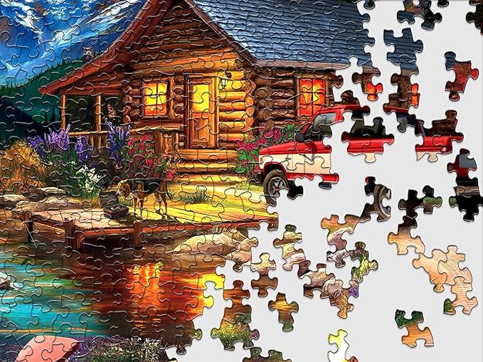 Springbok Cabin on the Creek 500 Piece Jigsaw Puzzle for Adults - Poster Now Included - Moonlit Outdoor Puzzle - Unique Cut Pieces - Made in USA