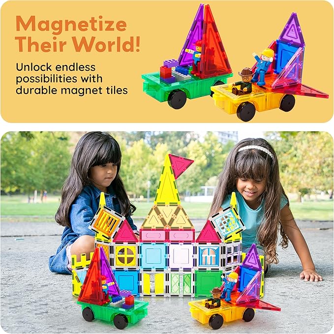 PicassoTiles 2pcs Magnetic Tiles Expansion Car Truck Building Blocks Compatible with regular bricks, Kids Magnet Bricks STEM Learning Toys, Add-ons Toddler Preschool 3 Years and up Boys and Girls PT21