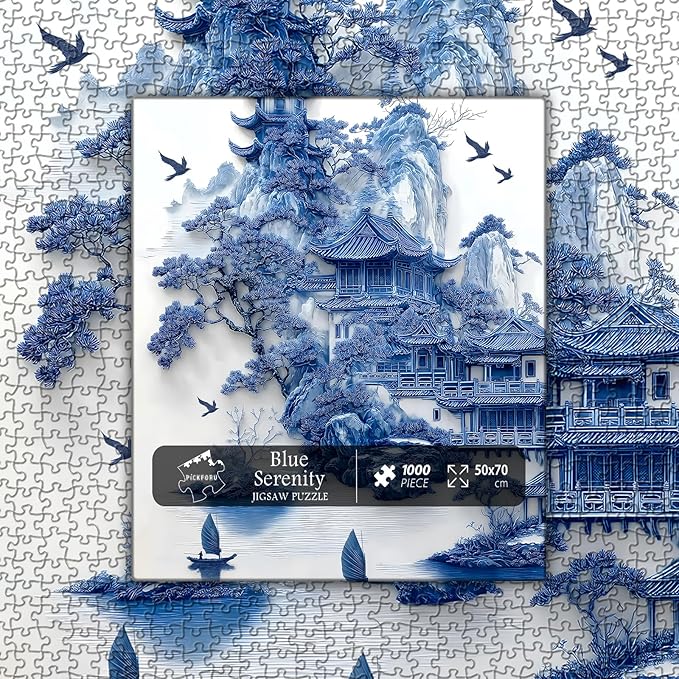 Impossible Landscape Puzzles for Adults 1000 Pieces，Nature Aesthetic Puzzle Blue and White Scenery,Unique Chinese Scenic Jigsaw Puzzles with Birds Boat,Hard Difficult Challenge Building Puzzle
