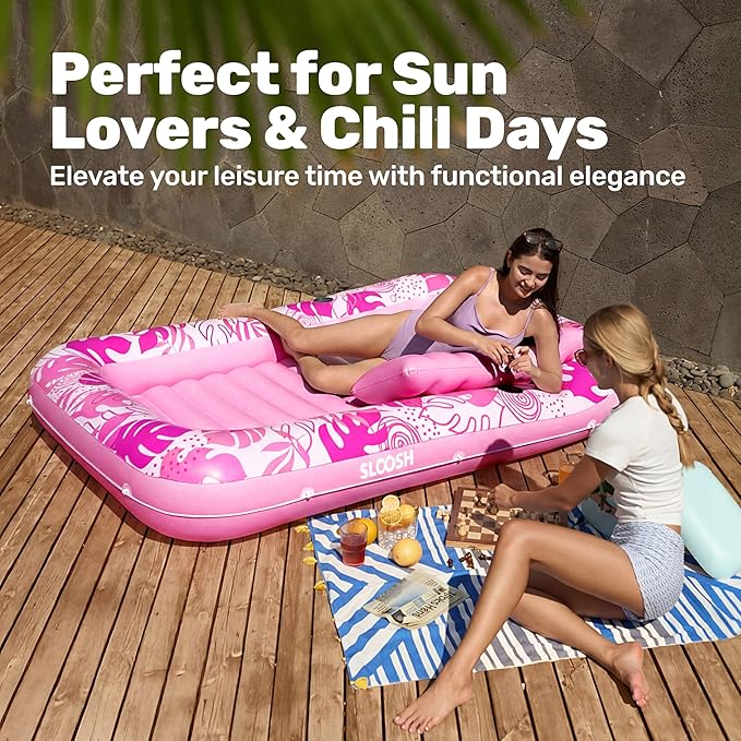 SLOOSH Inflatable Tanning Pool Lounger Float, 70" x 46" Pool Floats Adult with Pillow, 4 in 1 Suntan Tub Raft Floatie,Sunbathing Bed Lounge for Water Blow Up Kids Ball Pit Party Gifts, L-Hot Pink