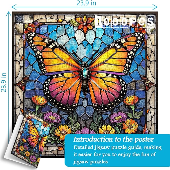 Butterfly Puzzles for Adults 1000 Pieces and up, Stained Glass Puzzle with Butterfly Flowers, PICKFORU Colorful Wall Art Puzzles as Home Decor