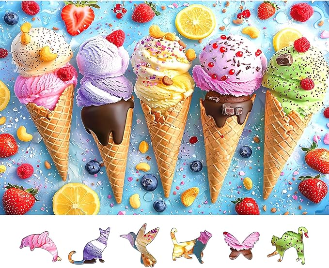 500 Piece Puzzle for Adults, Jigsaw Puzzles with Ice Cream Cones with Fruit, Funny Puzzle, Perfectly Fitting Pieces, Home Decor Birthday Party Gift for Adults Seniors 23"x15"
