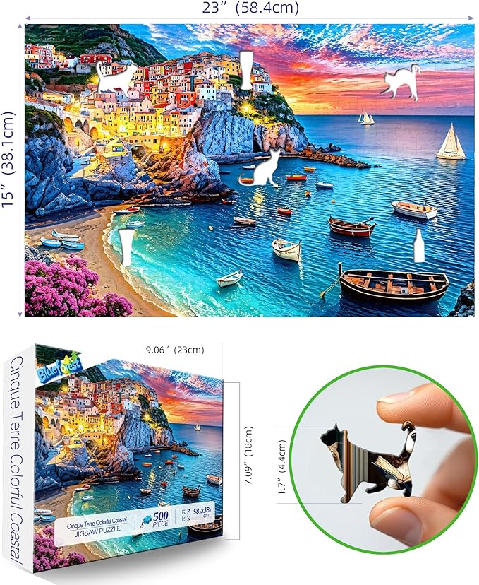 Cinque Terre Coastal Twilight 500 Piece Puzzle for Adults, Fun Puzzles for Adults 500 Pieces with HD Print & Poster, 23 * 15 Inch Dust Free, for Gifts Halloween Christmas Family Lovers