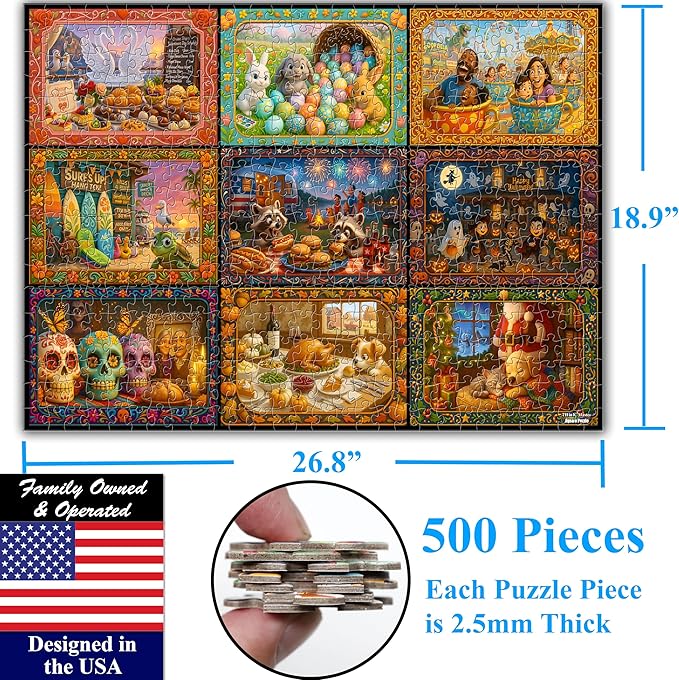 Think2Master Holiday Collage 500 Pieces Very Large Pieces Jigsaw Puzzle: 13+, Teens, Adults & Seniors. A Year of Celebration an Excellent Present for Birthdays, Christmas. Size: 26.8” X 18.9”