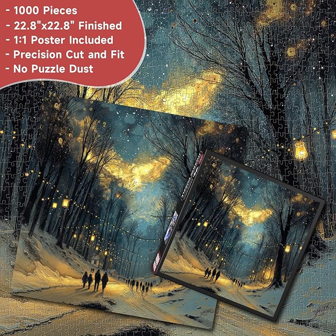 Starry Night Winter Stroll 1000 Piece Puzzle for Adults - Van Gogh Inspired Art, Snowy Lantern-Lit Path Scene, Poster & Lettered Back, 22.8" Square HD, Gift for Art & Winter Lovers