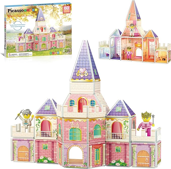 PicassoTiles 60pc Magnetic Tile Princess Castle Building Set with Double Sided Printed Tiles 2 Character Figures STEM Educational Toy Kit for Kids Pretend Play Montessori Learning Ages 3 to 8 PTQ04