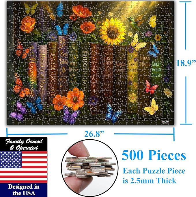 Think2Master Enchanted Library 500 Pieces Very Large Pieces Jigsaw Puzzle: 13+ Adults & Seniors. Magical Bookshelf with Butterflies & Flowers Botanical Garden. Great Gift. Size: 26.8” X 18.9”