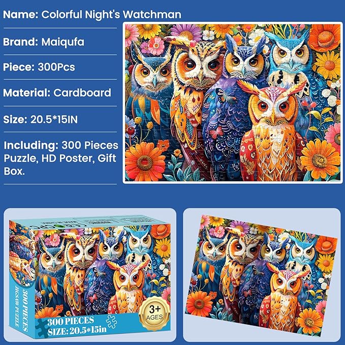 300 Pieces Puzzle for Adults | Colorful Owls Large Piece Puzzle | Recycled Cardboard Jigsaw Puzzles 300 Pieces | Challenging Game Home Decor Birthday Party Gift Toy for Adults Kids Seniors 20.5*15 in