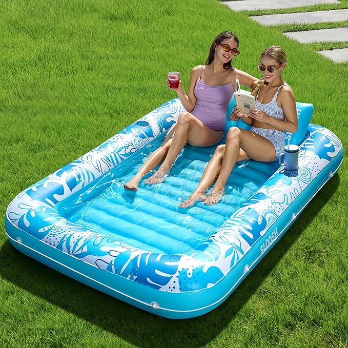 SLOOSH Inflatable Tanning Pool Lounger Float, 85" x 57" Extra Large Pool Floats Adult with Pillow, 4 in 1 Suntan Tub Raft Floatie,Sunbathing Bed Lounge for Water Blow Up Ball Pit Party Gifts, XL-Blue