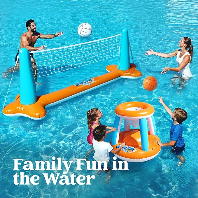 JOYIN XL Inflatable Pool Float Set, 125'' Volleyball Net & Basketball Hoops, Extra Large Floating Swimming Game Toy for Kids and Adults, Summer Floaties, Volleyball Court|Basketball, XL-Orange