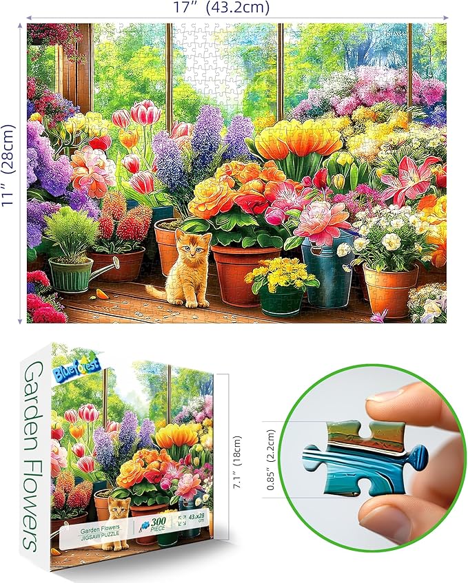 Blueforest 300 Piece Jigsaw Puzzle for Adults - Cute Kitten & Flower Garden, 17x11 Inch, Cardboard, Fun & Relaxing Puzzles for Stress Relief