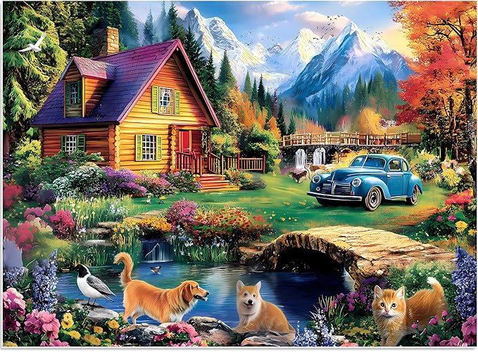500 Piece Puzzles for Adults,Beautiful Country Cottage Jigsaw Puzzle for Adults Seniors,Recycled Cardboard Dogs Cat Puzzle 500 Piece,Family Activity Great Gift for Family Friends 20.5 * 15 inch