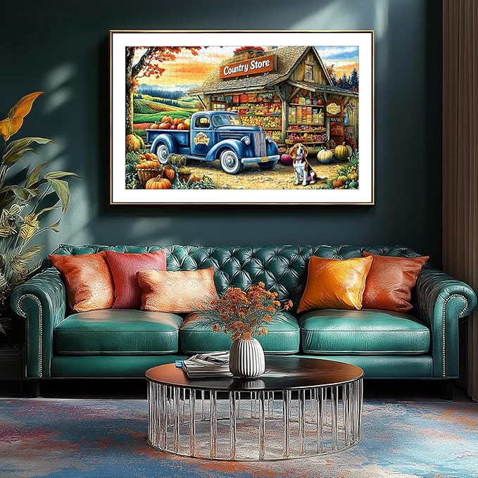 Puzzles for Adults 1000 Pieces, Country Store Fall Puzzles 1000 Pieces Pumpkins Fruits and Vegetables with Vintage Truck Rustic Jigsaw Puzzle for Adults Challenging Game, 27.5 x 19.7 Inches