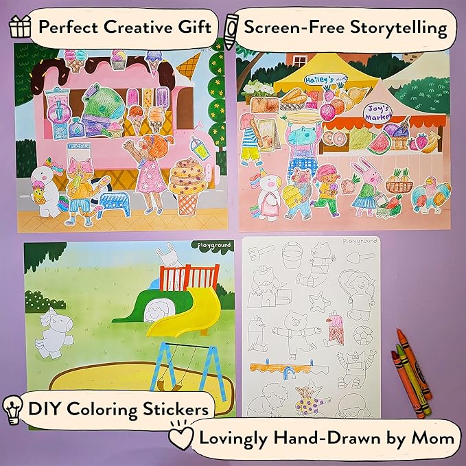 Together Art My Town Color Your Own Storytelling Sticker Kit - Hand-Drawn Scenes & Coloring Your Own Stickers - DIY Arts & Crafts Gift for Kids 4-10 - Designed, Partially Produced & Assembled in USA