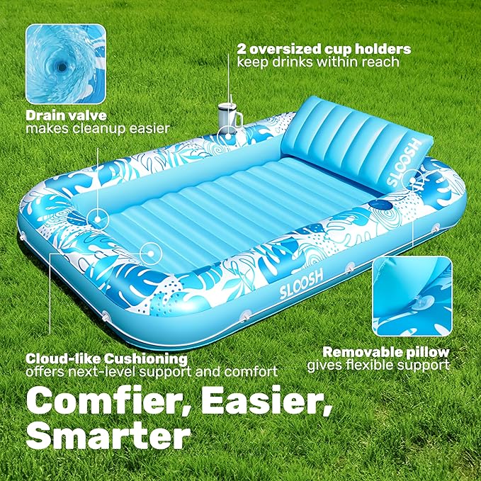 SLOOSH Inflatable Tanning Pool Lounger Float, 85" x 57" Extra Large Pool Floats Adult with Pillow, 4 in 1 Suntan Tub Raft Floatie,Sunbathing Bed Lounge for Water Blow Up Ball Pit Party Gifts, XL-Blue