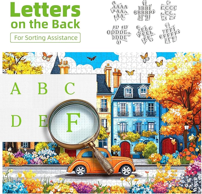 Autumn Town 300 Pieces Puzzle for Adults Colorful Houses Beautiful Fall Scenery Jigsaw Puzzles with Foliage, Butterflies, and Blooms Letters on Back Family Senior Challenge Game Night