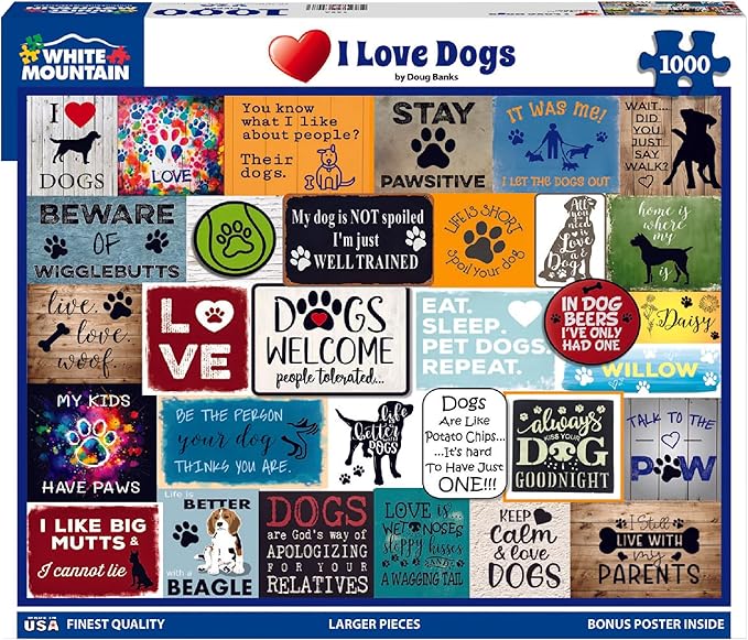 White Mountain 1000 Piece Jigsaw Puzzle Dog Quotes Collage Puzzles with Large Pieces Gift for Adults and Family 24"x30" - I Love Dogs