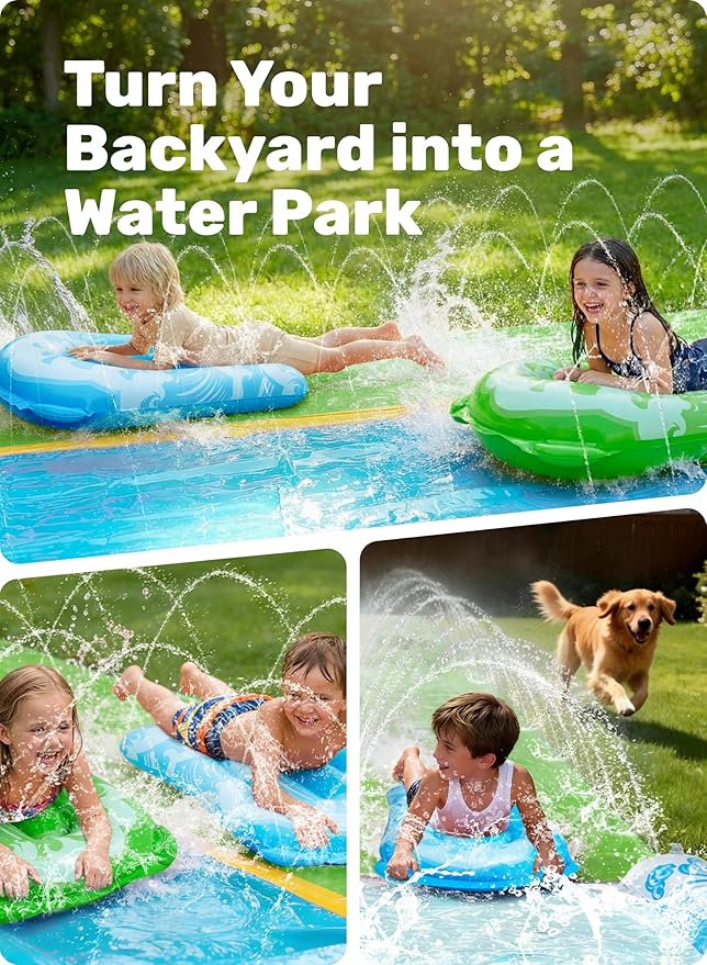 JOYIN 32.5FT Water Slide and 2 Inflatable Boards, Extra Long Heavy Duty Double Lawn Waterslide with Sprinkler for Kids Adults Backyard Summer Water Toy Outdoor Fun, Blue, Green