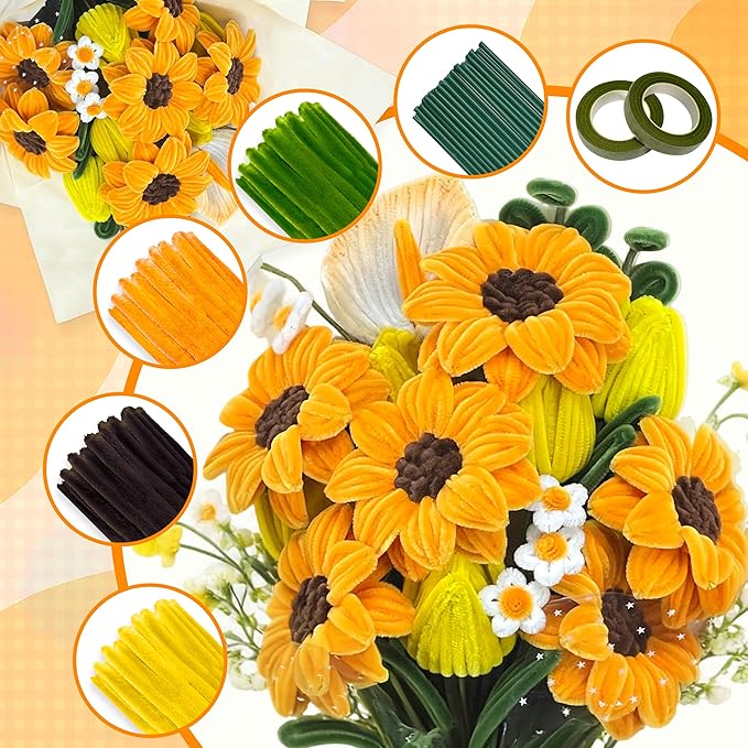 LINAYE 500 PCS Pipe Cleaners Craft, 6 Colors Pipe Cleaners Flowers Kit, Chenille Stems for Crafts with Instruction Wrapping Paper, Stems Art and Craft Supplies Yellow