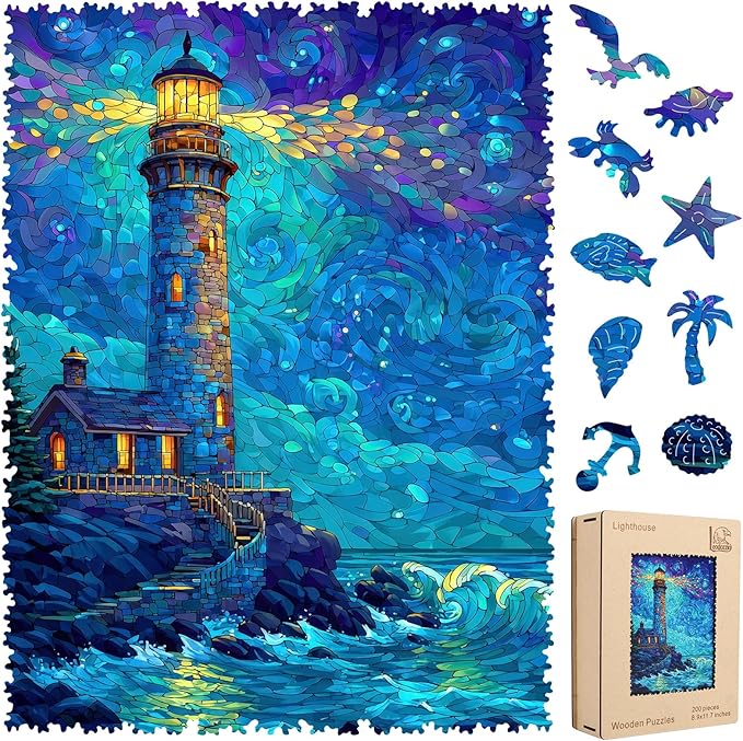 Leodozzio Wooden Puzzles for Adults, Lighthouse Wood Jigsaw Puzzle 200 Pieces, 5mm Thick Unique Shaped Ocean Puzzle, Gift for Adults & Family, 8.8 x 11.7 Inch