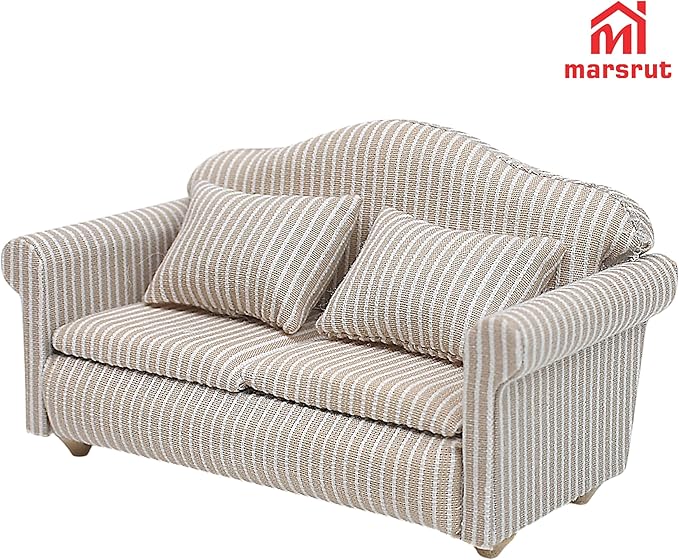 3pcs Dollhouse Couch, 1/12 Scale Living Room Furniture Accessory, Timeless Classic Miniature Double & Single Couch with Pillow, Upholstered Sofa Armchair Set Accessories for Bedroom Sectional Décor