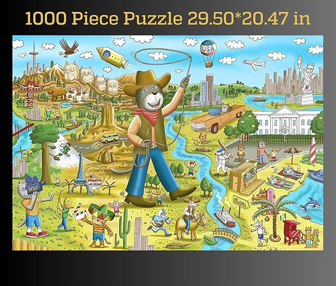 1000 Piece Puzzle for Adults & Kids - Funny Cats & Dogs USA Map Puzzle, Gift-Ready Box, Letters on Back, 8 Jigsaw Puzzle Saver Sheets & Full-Size Poster by GERJATO - Fun Educational Gift for All Ages