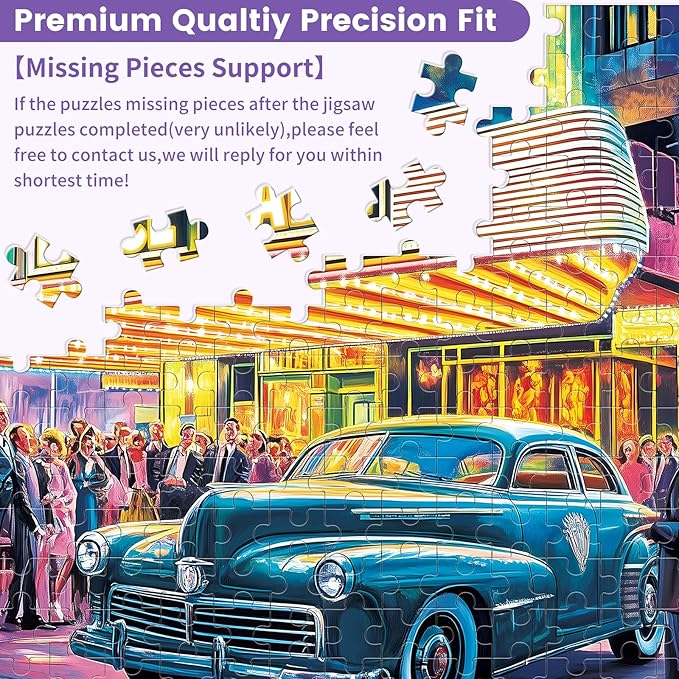 300 Piece Puzzles for Adult, Neon Dance Hall Puzzle, Classic Car Vintage Jigsaw Puzzle, Recycled Cardboard Large Piece Puzzle, Challenging Family Activity Game Gift for Friend 20.5 * 15 Inch