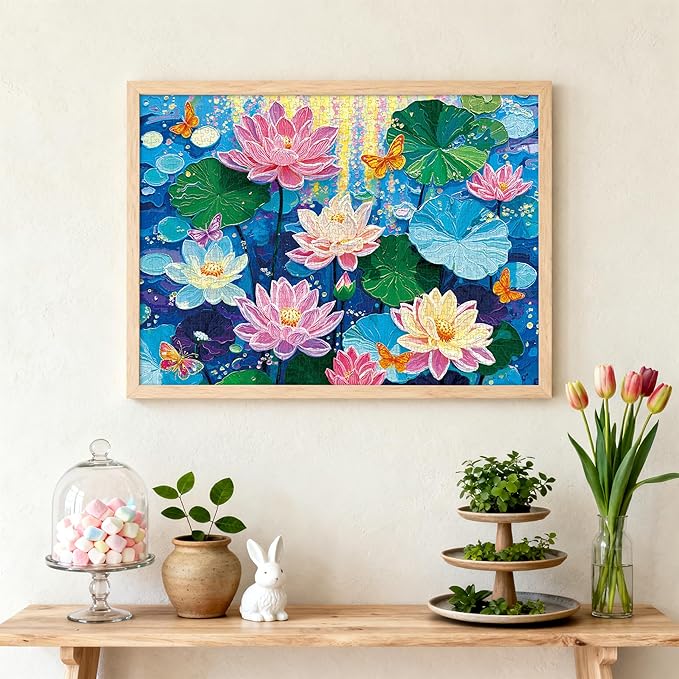 Puzzles for Adults 1000 Pieces - Colorful Dreamy Lotus, Acrylic Painting Impasto Flowers Adults Puzzles, Letter on Back No Dust, Matte Finish Aesthetic Lotus Puzzles Home Decor Birthday Gifts Games