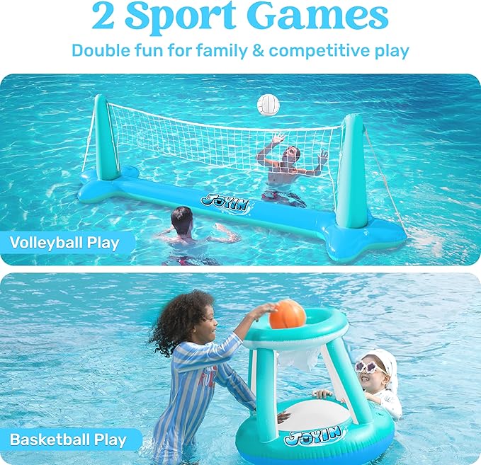 JOYIN XL Inflatable Pool Float Set, 125'' Volleyball Net & Basketball Hoops, Extra Large Floating Swimming Game Toy for Kids and Adults, Summer Floaties, Volleyball Court|Basketball, XL-Blue, Cyan