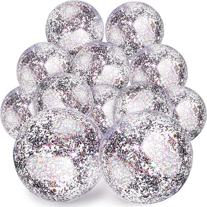 Lewtemi 12 Pcs Inflatable Glitter Beach Balls 16 Inch 24 Inch Shiny Giant Confetti Balls Swimming Pool Beach Blow up Balloon for Outdoor Summer Party Wedding Decor(Multicolored)