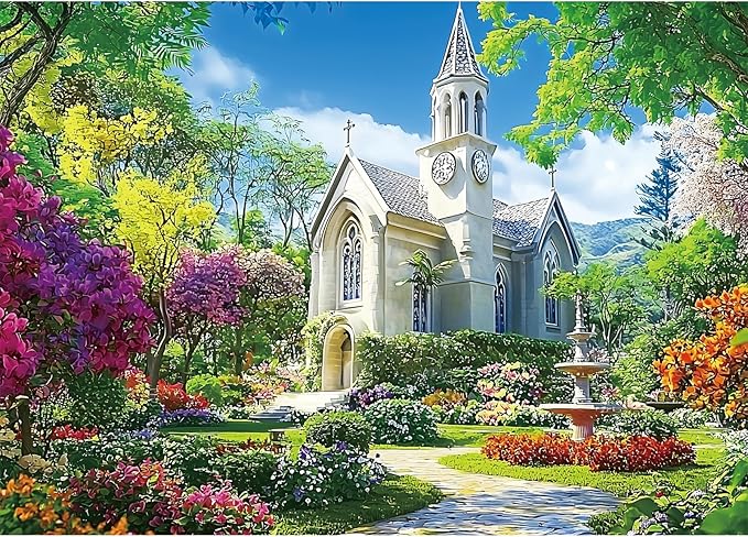 1000 Piece Puzzle for Adults,Little Chapel Puzzles,Beautiful Garden Countryside Jigsaw Puzzles 1000 Pieces,Fun Christian Puzzle for Adults Kids Seniors,Challenging Family Game Great Gift Idea,28x20 in
