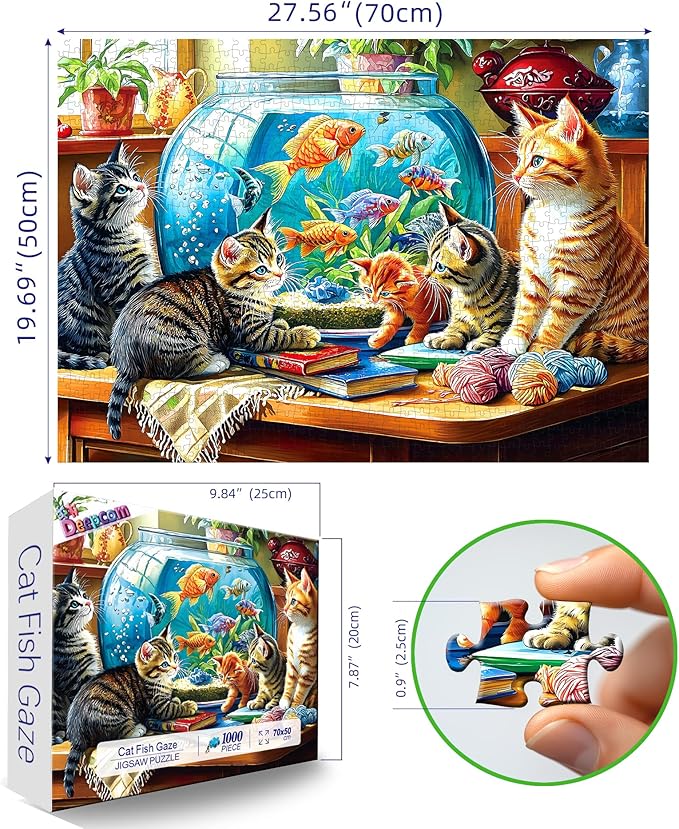 Cat Jigsaw Puzzle for Adults 1000 Piece, Colorful Kittens and Goldfish Bowl Scene, Stress-Relieving Relaxation Activity, 27.58 x 19.69 Inches