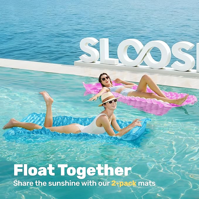 SLOOSH Inflatable Pool Floats Raft,Floating Lounge for Adults,64x32 inch Swimming Mat Pool Mattress with Headrest,2 Pieces Float Air Mat for Summer Water Beach Fun