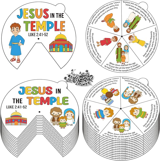 COcnny Easer Religious Coloring Craft- 24 Sets Color Your Own Christian Art Craft DIY Spining Cards for Kids, Jesus in the Temple Paper Craft Art for Sunday School Home Class Bible VBS Activities