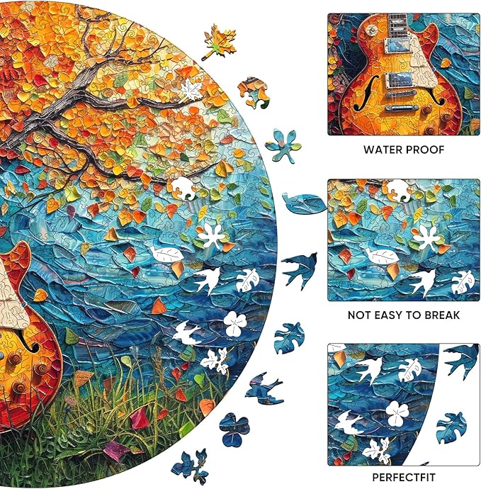 Reouinty Wooden Puzzles for Adults, Autumn Jigsaw Puzzle, Guitar Jigsaw Puzzles 200 Piece, Thanksgiving Garden Puzzle, Birthday Gifts for Adults 11.2 x 11.2 in