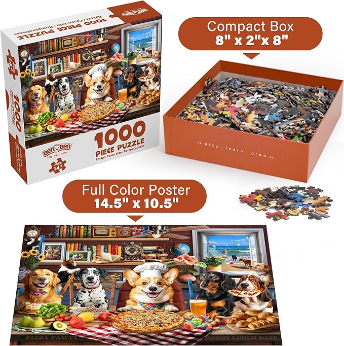 BenBen Puzzles for Adults 1000 Pieces, Dogs' Dinner Party, Dog Jigsaw Puzzle with Patterns on Back, Funny Animal Puzzle, Challenging Puzzles for Family Game Night, Home Décor