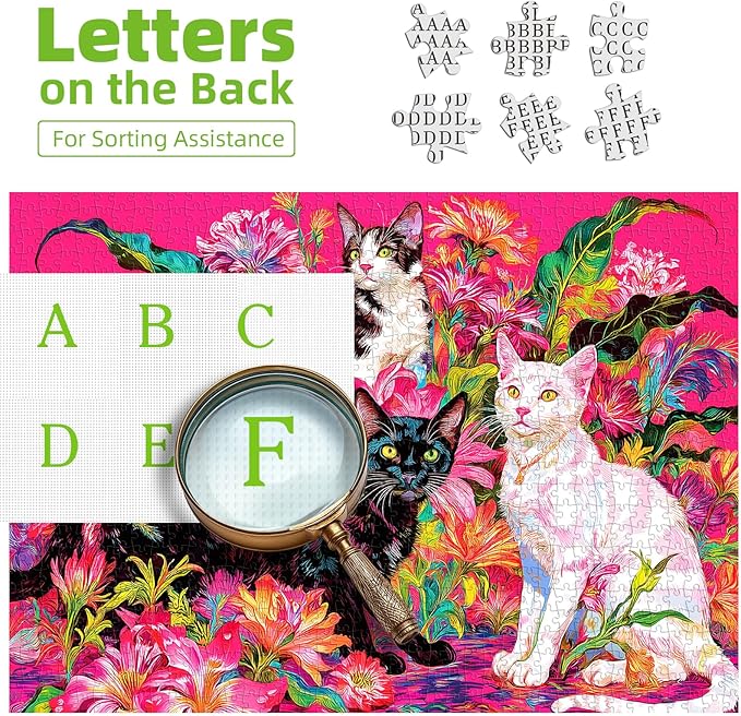 Spring Cat & Flower 1000 Piece Puzzles for Adults Clearance, Colorful Fun Puzzles for Adults 1000 Pieces with HD Print & Poster, 27.5" X 19.7" Dust Free, for Gifts Halloween Christmas Family Games