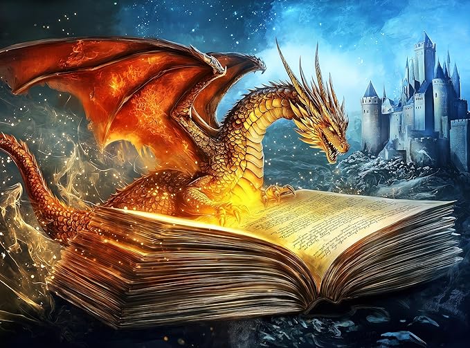1000 Piece Jigsaw Puzzle for Adults - Mythical Dragon Springs Out of The Pages of a Book - Challenging Puzzle - Fantasy Dragon with Castle - 1000 Piece Puzzle for Adults. 20x27 inches