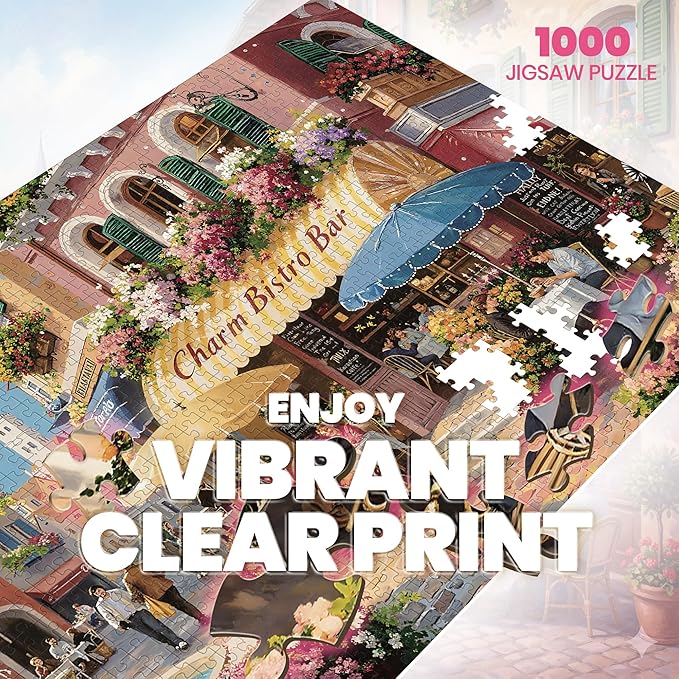 Puzzles for Adults 1000 Pieces, Spring Italy Bistro Flower Street Landscape,1000 Piece Puzzle for Adults Seniors, European Hard Jigsaw Puzzles with Letters on Back, 1:1 Poster